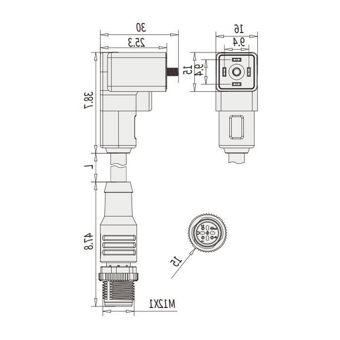 阀门插头类型C，工业，9.4 mm，4Pin/M12公头直型、双端预铸PUR柔性电缆、黑色护套、6VC061-XXX